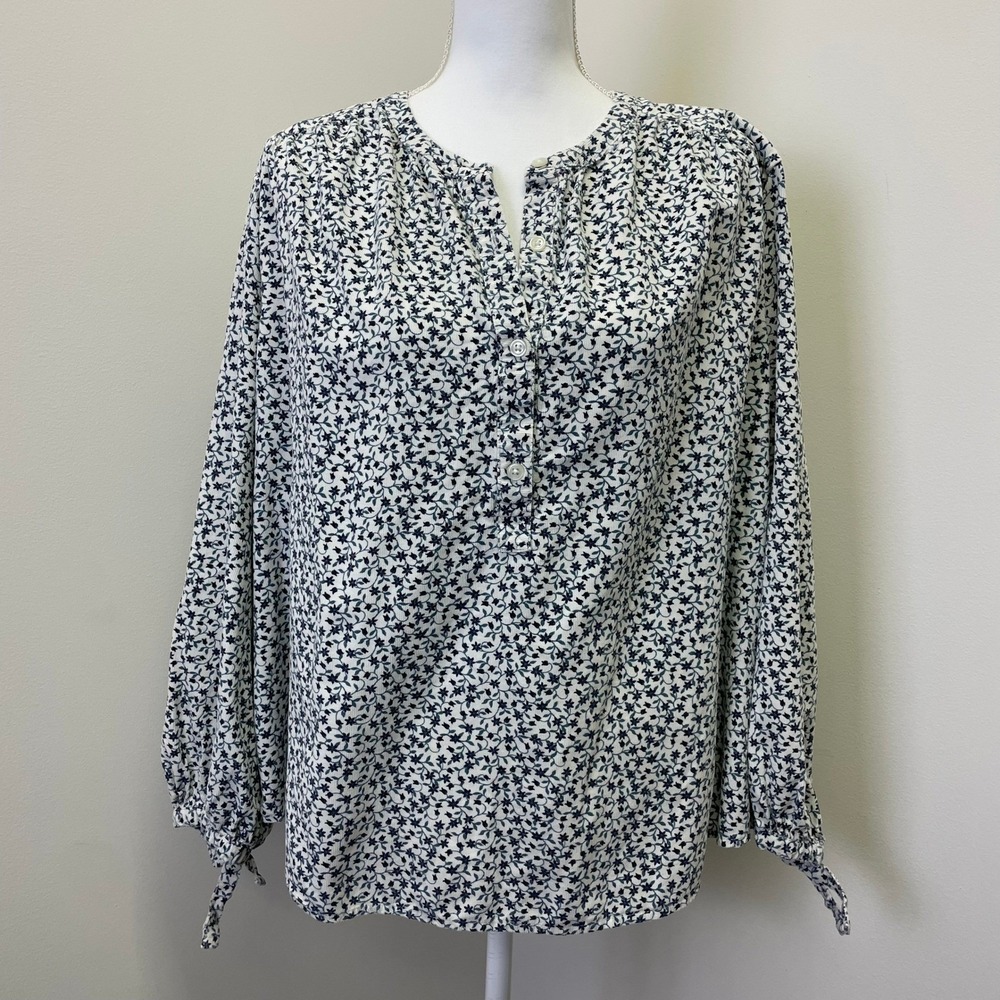 Old Navy White Blue Floral Top XL Corduroy Cottagecore Boho Peasant Prairie